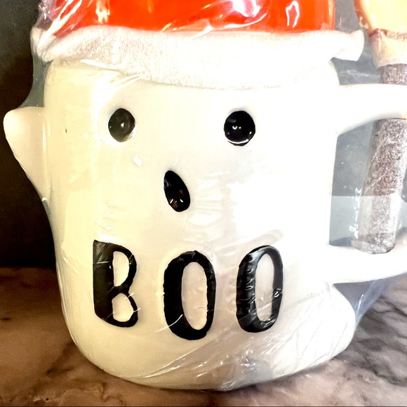 Halloween Ceramic Boo Ghost Mug with Pumpkin Topper Lid + Witch Broom Spoon - Picture 4 of 8